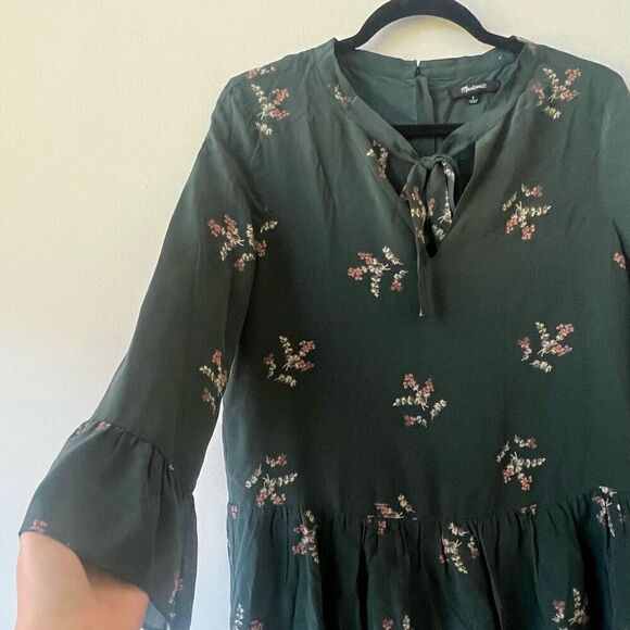 Madewell Women’s Green Bell Sleeves Silk Tie-Neck Wild Botanic Dress Size Small - Picture 3 of 11